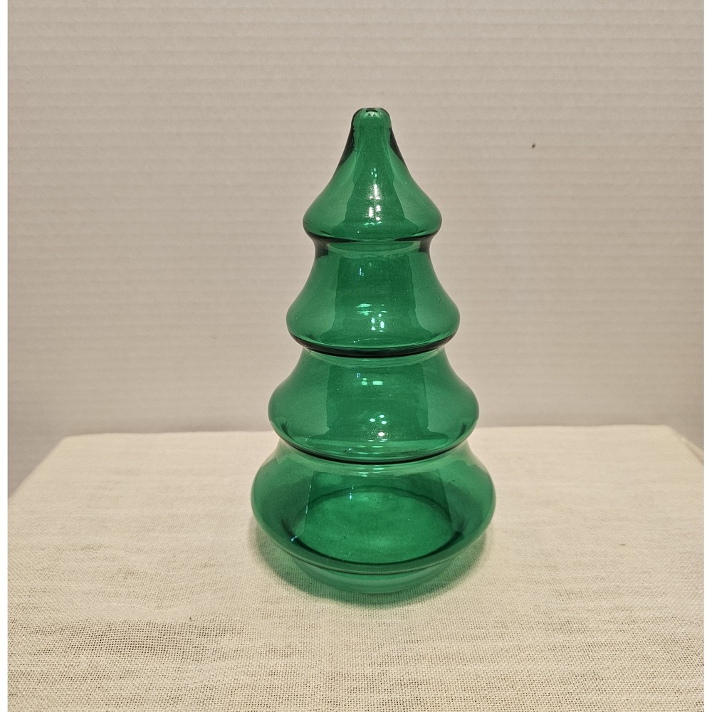Vintage Green Glass Christmas Tree Table Jar 7"